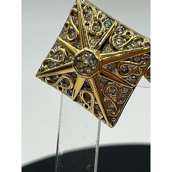 Swarovski Vintage Swan Square Gold Tone Rhinestone Clip On Earrings - Picture 9 of 16